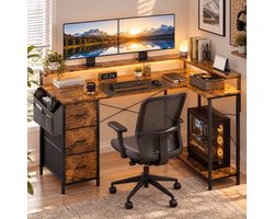 L-vormige Gaming Bureau met LED Licht en Stopcontact-140X80CM-Bureau met Opbergplanken en Stoffen Lade en Tas-Bruin.