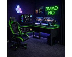 L-vormige Gaming Bureau voor Gamers en Thuiswerk, Ruim Computer Tafel met Modern Ontwerp en Ergonomische Indeling (Zwart/Groen)
