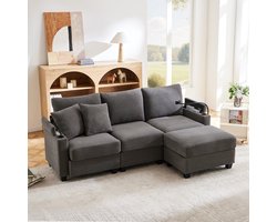 L-vormige Hoekbank, 3-zits Converteerbare Bank met Voetenbank, Bekerhouder, USB-oplader, Armleuningbak en 2 Kussens, Geschikt voor Woonkamer/Kantoor/Appartement, Donkergrijs