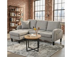 L-vormige Hoekbank met Chaise Longue – 3-Zits Bank, Compact Modern Design, Ademend Katoen-Linnen, Modulair en Flexibel, Perfect voor Kleine Woonkamers – Grijs Casa Serena