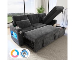 L-vormige Hoekbank met Slaapfunctie, L-Bank, 3-Zitsbank, Uittrekbare Slaapbank van Chenillestof, Bedstee, Bank met USB/Type-C, Bekerhouder, LED-verlichting, Woongedeelte Ideaal voor Woonkamers en Appartementen, Grijs