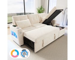 L-vormige Hoekbank met Slaapfunctie, L-Bank, 3-Zitsbank, Uittrekbare Slaapbank van Chenillestof, Bedstee, Bank met USB/Type-C, Bekerhouder, LED-verlichting, Woongedeelte Ideaal voor Woonkamers en Appartementen, Beige