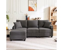 L-vormige hoekbank, om te vormen tot een driezitsbank, met voetenbank, bekerhouder, USB-oplaadpoort, opbergruimte in de armleuning en twee kussens. Geschikt voor woonkamer/kantoor/appartement. Donkergrijs. Bank