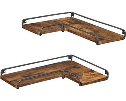 L-vormige hoekplank, set van 2, wandplank, industrieel ontwerp, planken voor aan de muur, voor woonkamer, slaapkamer, keuken, vintage bruin-zwart LLS831B01
