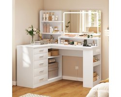 L-vormige kaptafel met LED-Licht Spiegel - Stopcontact - 5 Lades-3 Planken - Hoek Ijdelheid - Wit