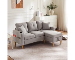 L-vormige moderne bank - driezitsbank met chaise longue - met opbergruimte - ingebouwd kopjeshouder - met 2 kussens - lichtgrijs