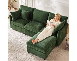 L-vormige modulaire bank - 3-zits met beweegbare hocker - Woonkamer, appartement en kantoor - Groen chenille - Diepe zit 55 cm - Pocketvering - 4 kussens inbegrepen