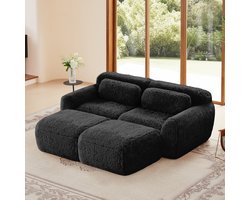 L-vormige Modulaire Pluche 2-Zits Bank– Zacht en Huidvriendelijk – 32D Schuimvulling - Flexibel Combineerbaar – Modulair Ontwerp – Stabiel en Antislip - Inclusief 2 Rugkussens En 2 Verplaatsbare Poefs - 204×179×73cm - Zwart