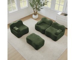 L-vormige modulaire sofa met 3 zitplaatsen – inclusief 1 voetenbank – golvend ontwerp – diepe zittingen – afneembare armleuningen – geschikt voor woonkamers en appartementen – geen montage nodig – groen