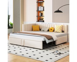 L-Vormige Slaapbank 90/180x200 - Met Uitschuifbed - Ruimtebesparend Multifunctioneel Bed - Fluweel - Beige