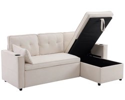 L-vormige Slaapbank – Hoekbank – Bedbank – Slaapbank Met Opbergruimte – 211x130 Cm – Katoen-Linnen Stof – Houten Basis
