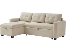 L-vormige slaapbank met bedlade en opbergfunctie, beige, 226 x 163 cm