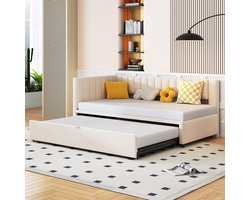 L-vormige slaapbank - Uittrekbed bank - Ruimtebesparend slapen - Fluwelen afwerking - 90/180x200cm - beige