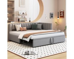 L-vormige slaapbank - Uittrekbed logeerbed - Ruimte besparen - Fluwelen bekleding - 90 x 200 cm - Lichtgrijs