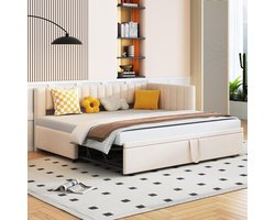 L-vormige slaapbank - Uittrekbed logeerbed - Ruimte besparen - Zachte fluwelen stof - 90/180x200cm - Beige