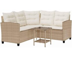 L-vormige Tuinbank – Loungeset Tuin – Poly Rattan Bank – Buitenbank Balkon – Tuinmeubilair – Weerbestendig PE Rattan – Afneembare Wasbare Kussens – Inclusief Glazen Tafel