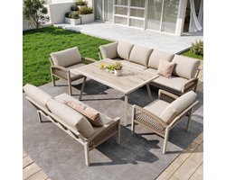 L-vormige tuinbank voor 8 personen / ijzeren frame met beige kussens / incl. 1 tafel met houten glasplaat en 2 handgeweven fauteuils / weerbestendig