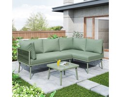 L-vormige Tuinset met verzinkt ijzeren frame, groene touw loungeset met kussens, verstelbare poten, 2 banken en 1 tafel