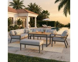 L-vormige tuinset voor acht personen met houten tafel / Weerbestendige hoekbank van ijzer / Incl. fauteuil, bank & houten werkblad / Met grijze kussens