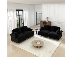 L-vormige tweezitsbank - mid-century modern stijl - met uitklapbare armleuningen - afneembare rok en houten poten - zwart