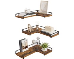 L-vormige wandplankenset – Set van 2 – Industrieel design – Vintage bruin – Spaanplaat en staal – 40x14x1,2 cm