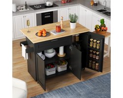 L132,5*B44(70)*H90cm grote mobiele keukentafel, opvouwbaar werkblad, eikennerf, multifunctionele kast, kruidenrek, handdoekhouder, 5 wielen, geschikt voor keuken/eetkamer/huis