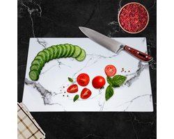 La Bora - Glazen Snijplank - Marmeren Motief - 4 in 1: Aperitief Bord - Snijden - Serveren - Sushi serveer plank - Koken - 40 x 30 cm - UV Gelaagd Glas - Dienblad - Anti-Slip - Wit