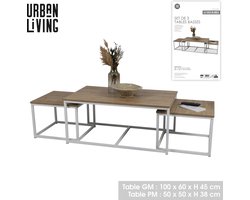 "LA CASA BLANCA" SALONTAFELS SET VAN 3 HOUT EN METAAL 1-100X60XH45CM + 2-50X50XH38CM