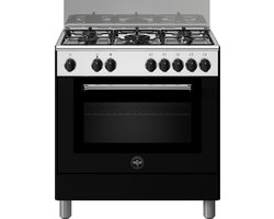 La Germania AM85C61DNT Fornuis 80 cm. 5-pits gas met wok. Zwart met RVS.