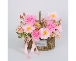 La Roselle Amsterdam Pink Blossom Bloemenmandje Inclusief Basket – Roze en witte Rozen en Pioenrozen