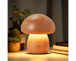 Laag creatieve slaapkamer nachtlamp - Houten paddestoel vorm lamp - Draagbare oplaadbare nachtlamp - 3 kleurveranderingen - Verstelbare helderheid (Lichtbruin)