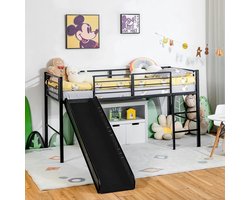 Laag Hoogslaper – Kinderbed – Speelbed – Stapelbed – Glijbaanbed – Veilig Stalen Frame – 74 cm Hoog Met Glijbaan – Zwart