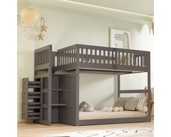 Laag stapelbed 140 x 200 cm, veiligheidsstapelbed met opbergvak, hoog hekwerkontwerp, houten bed, grijs