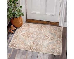 Laagpolig tapijt, 60 x 90 cm, voetmat, vintage deurmat, oosterse bloemen, retro tapijt, mat voor entree, huisdeur, bloemen, antislip, opvouwbaar, woonkamertapijten, Ziegerood
