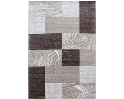 Laagpolig vloerkleed met abstract ruitpatroon, bruine kleur, geschikt voor de woonkamer, met een jute achterkant, afmetingen: 140 x 200 cm