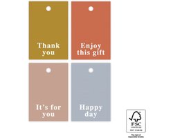Label Kaartje - Kadolabel – Taupe / Blauw / Oranje / Groen | Teksten - Thank you / Enjoy this gift / It's for you / Happy day - HOP | Karton incl. boorgaatje | Cadeau - Gift Tag - Leuk verpakt| Geschenk - Tag