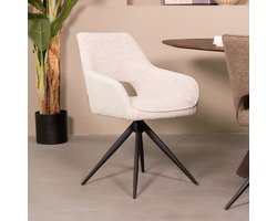 LABEL51 Finley Eetkamerstoel - Wit - Stof - Black Frame - Stoel - Normale eetkamerstoel - Draaibaar - Met Armleuning