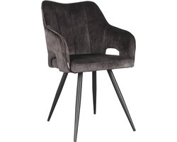 LABEL51 Noud Eetkamerstoel - Grijs - Velvet - Black Frame - Stoel - Normale eetkamerstoel - Met Armleuning