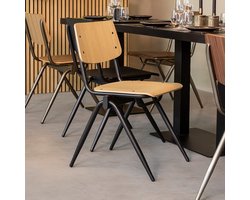 LABEL51 Solid Eetkamerstoel - Naturel - Hout - Zwart Metalen Frame - Stoel - Stapelstoel