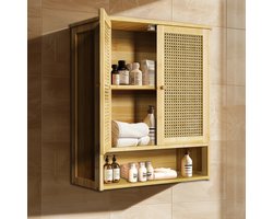 LabelOne Badkamerkast - Wandkast - Medicijnkastje - Bamboe Kast - 3 planken - 2 deuren - magnetische sluiting - 59×20,5×66,5 cm