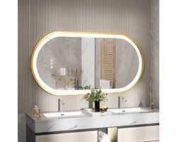 LabelOne Badkamerspiegel - Spiegel met verlichting - gouden rand - ovaal - dimbare LED-verlichting - anticondens - 50 x 100cm