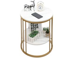 LabelOne Salontafel - Bijzettafel - Salontafel Rond - Salon Tafel - 2-laags - wit marmerlook - gouden metalen frame - 40x40x54cm