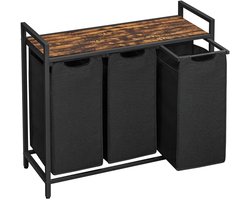 LabelOne Wasmand - Wassorteerder - Wasmand 3 vakken - 38l per wasmand - Uitneembare Oxford waszakken - 92,5x33x72 cm - Bruin/Zwart