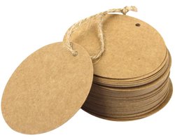Labels - set van 100 labels rond bruin 4x4 cm. - stevig karton - prijslabels - cadeaulabels - met voorgestanst gaatje