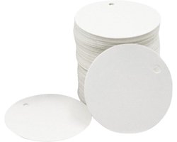 Labels - set van 100 labels rond wit 4x4 cm. - stevig karton - prijslabels - cadeaulabels - met voorgestanst gaatje