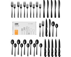 LaCardia 6 Persoons Bestekset 36-Delig - Lepels - Messen - Vorken - Steakmessen - Vaatwasserbestendig - Bestek - Zwart/RVS