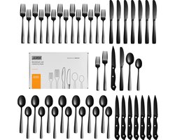 LaCardia Bestekset 48-delig - 8 persoons mat zwart RVS bestek - Lepels, vorken, messen en steakmessen - Vaatwasserbestendig