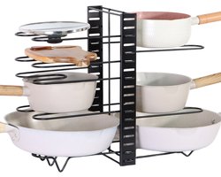 LaCardia Pannenrek uitschuifbaar voor 8 Pannen & Borden - Staand Keukenrek & Pannendeksel Houder - Bordenrek Organizer - Zwart