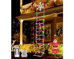 Ladder met LED kerstverlichting van 3 m met sneeuwvlokken en kerstman, batterij-aangedreven, 8 standen en timer voor binnen en buiten gebruik