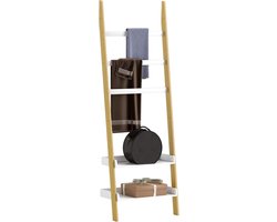 Ladder Opbergrek met 2 Planken en 3 Handdoekstangen - Hoekrek voor Badkamer, Slaapkamer of Woonkamer - Wit